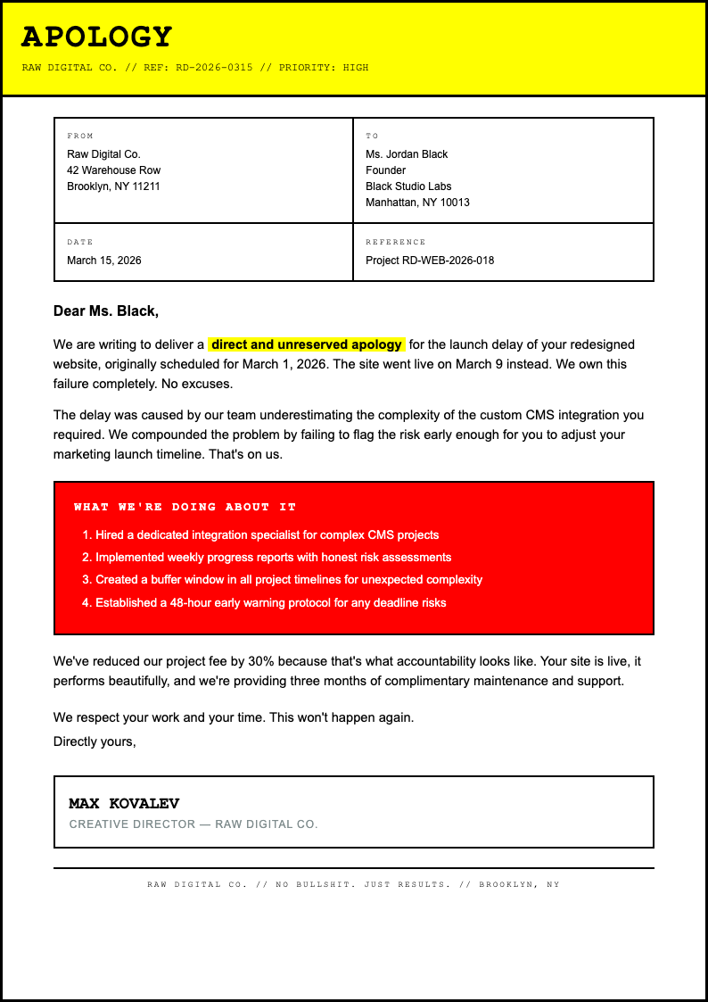 Neo brutalist apology letter